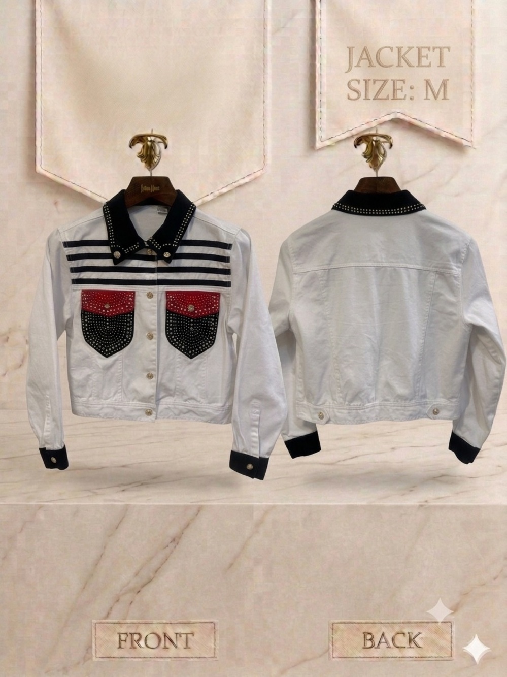 Vintage Unbranded Rhinestone Studded Denim Jacket White Black Red Striped Medium